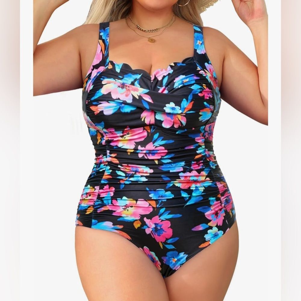 Aqua Eve Womens One Piece Swimsuit Tummy Control Black Colorful Floral 14W NWT